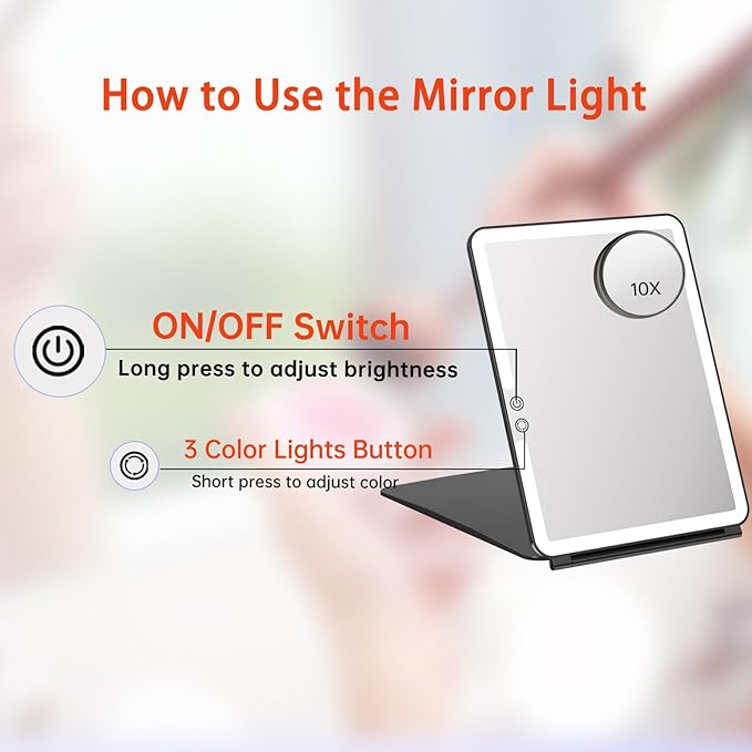 FUNTOUCH 2500mAh 10x7.5 Portable Large Travel Makeup Mirror with Light | Rechargeable Lighted Travel Makeup Mirror with 3 Color Lights,Dimmable Folding Light Up Make up Mirror with Small 10x Mirror