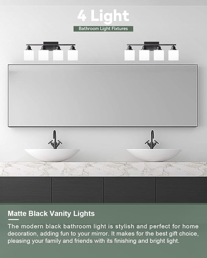 Vanity Light Fixtures, Matte Black, Over Mirror, Modern Bathroom Light, Anti-Rust Nickel Finished, 4-Light, E26 Standard Sockets, Easy Installation, 24 Months Replacement