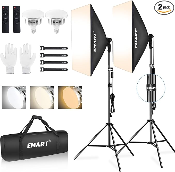 EMART Softbox Lighting Kit, 85W 20"x28" Softbox for Photography Light 2Pack | 3000K-6500K LED Bulbs with Remote, 75" Tripod, Professional Photography Lighting for Studio Lights, Portrait, Video Recording