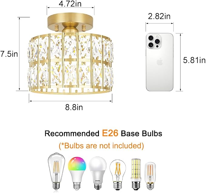 Lxybcce Crystal Ceiling Light Fixture, Modern Brushed Gold Semi Flush Mount Ceiling Chandelier Light for Hallway Entryway Kitchen Bathroom, Small Chandelier Light for Bedroom Closet, 1-Light, 9 Inch