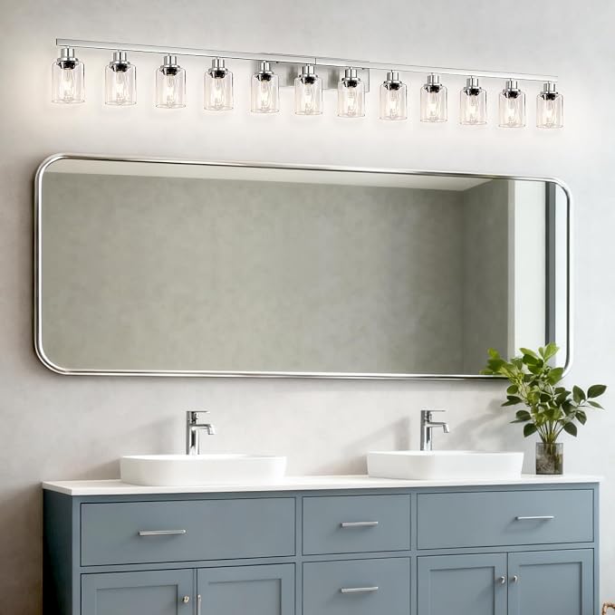 Brushed Nickel Bathroom Vanity Light, 12 Light Brushed Nickel Bathroom Lighting fixtures Over Mirror, Brushed Nickel Bathroom Vanity Lights Wall Lighting for Mirror Bedroom, Living Room