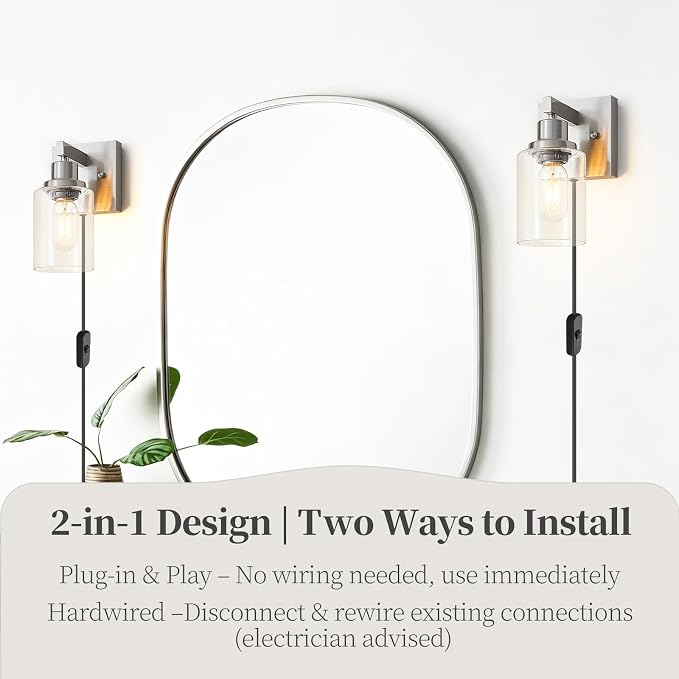 Plug in Wall Sconces Set of 2, Modern Corded Wall Sconce, Bedroom Wall Sconces with Clear Glass, Wall Decor Set of 2 Brushed Nickel Wall Lamps for Bedroom Living Room