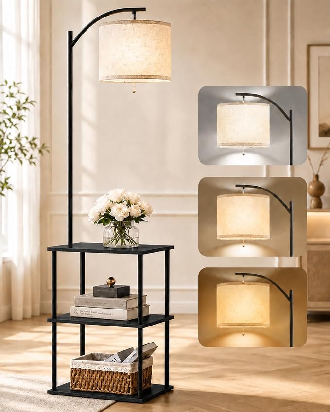 GERGO Floor Lamp with Table, Side Table for Living Room, 3 CCT 9W LED Bulb | Adjustable Linen Shade & Pull Chain, Modern Coffee End Table, Night Stand with Storage Shelves for Bedroom, Office Home Décor