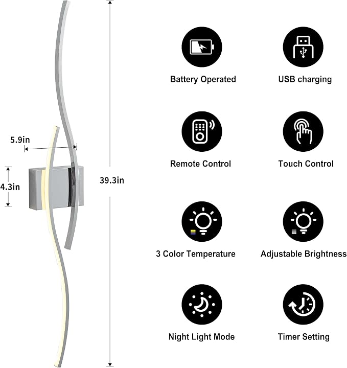 KARTOOSH Wireless Wall Sconces Set of 2, Dimmable LED Sconce with Remote | Battery Operated Wall Sconce with 3 CCT Night-Light Timer Memory Modern Wall Sconces for Living Room, Hallway, Bedroom