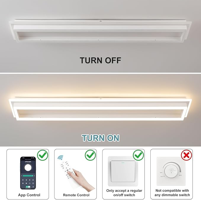 Dimmable Led Ceiling Light with Remote Control Modern Linear Flush Mount Ceiling Lighting Fixture Acrylic Long Ceiling Lamp for Living Room Kitchen Dining Room Hallway (White,39.3inch)