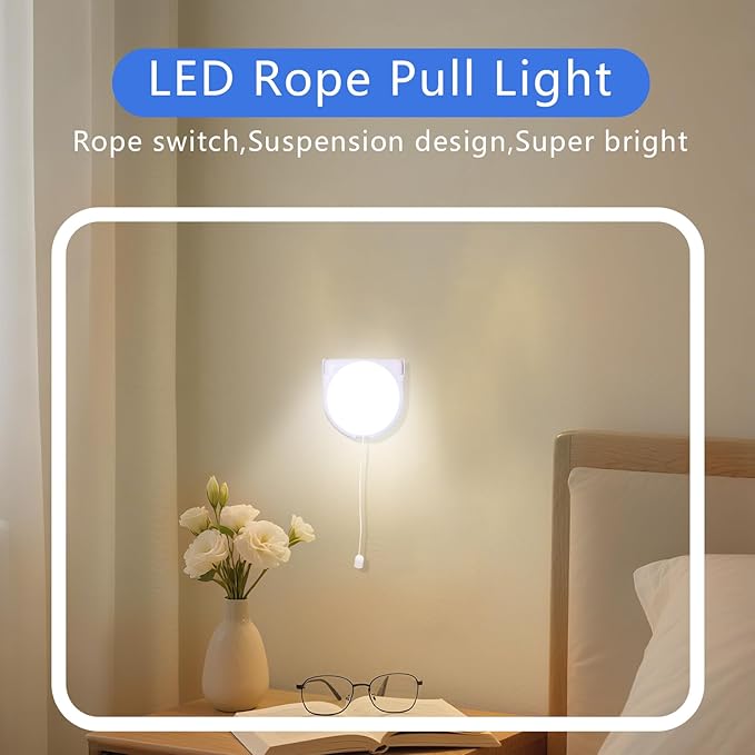 Stick-Up Light Bulb for Closet, 4Pack Battery Operated LED Light Bulb with Pull Chain, Wireless Self Adhesive Wall Mounted Lamp Fixtures for Cabinet Bedroom Living Room Kitchen, Milk White