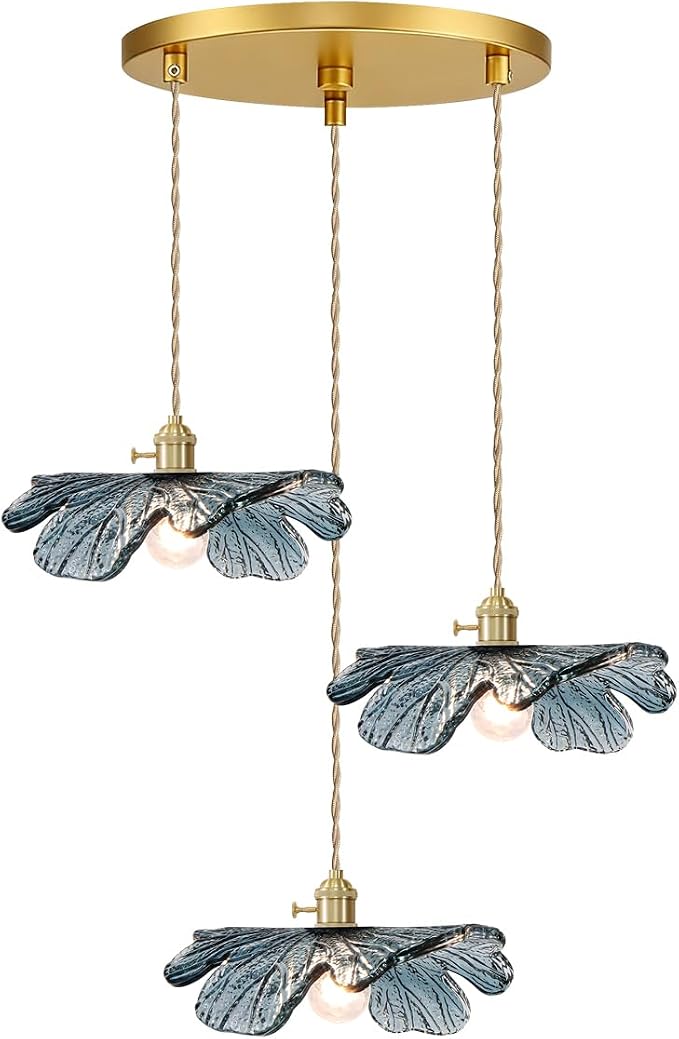 3-Cluster Chandelier Blue Glass Ceiling Pendant Light Fixtures Mid Century Adjustable Gold Brass Chandelier Lighting for Dining Room Living Room Kitchen, E26 Base