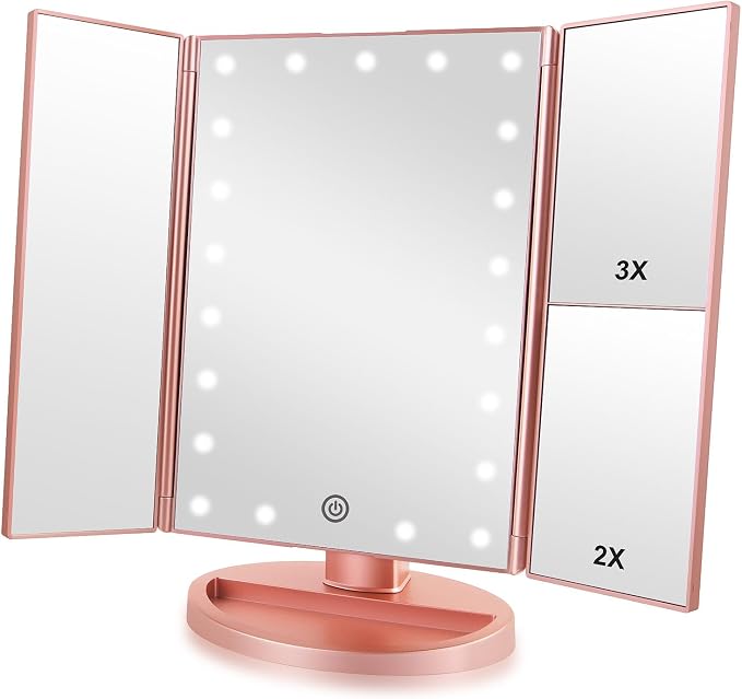 Infitrans Trifold Makeup Mirror Vanity Mirror with Lights,1X 2X 3X Magnification,Touch Control,Adjustable Rotation,Dual Power Supply,Portable Travel Cosmetic Mirror,Birthday Gifts for Women,Teengirls