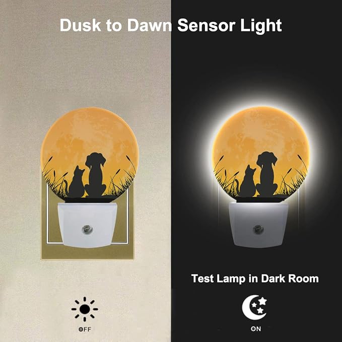 Best Friends Night Light Cute Dog and Cat on The Moon Night Lights Plug into Wall 0.5W LED Lighting Auto on/Off for Hallway Stairway Kitchen Home Decor