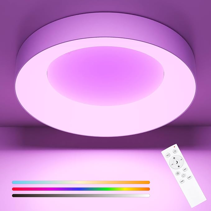 Annaror 16 Inch RGB Led Flush Mount Ceiling Light with Remote Control, 36W 3600LM Dimmable Ceiling Lighting Fixture, 3000K-6500K Color Changeable, Modern White, for Bedroom Kids Room