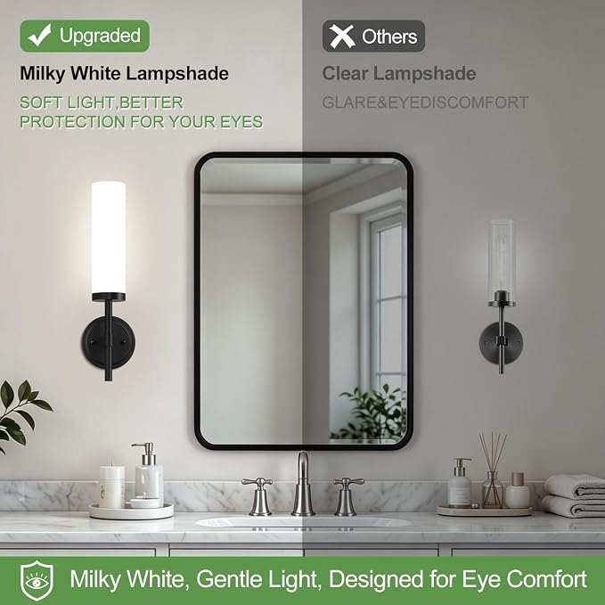 MOKATNG [Hardwired] Wall Sconces Set of Two, Matte Black Bathroom Sconces with Milky White Glass, Modern Wall Light Fixtures for Bathroom Mirror Vanity, Living Room, Hallway, Stairway, Cabinet, Foyer