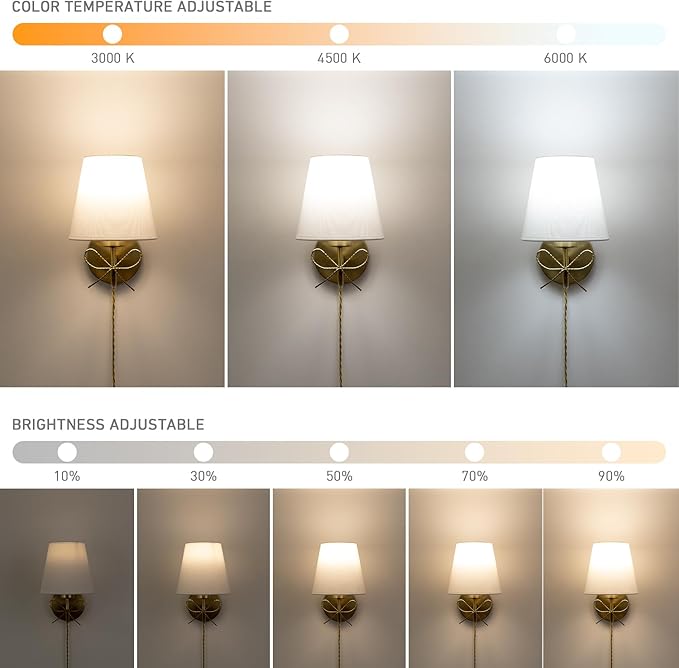 TREELAND Antique Brass Bow Wall Sconces with 110V Dimmable Remote Bulb, 3 Color Tempture, Timmer Function, Hardwire or Plug-in Cord Set of Two Vintage Gold Wall Lamp Light for Bedroom Living Room