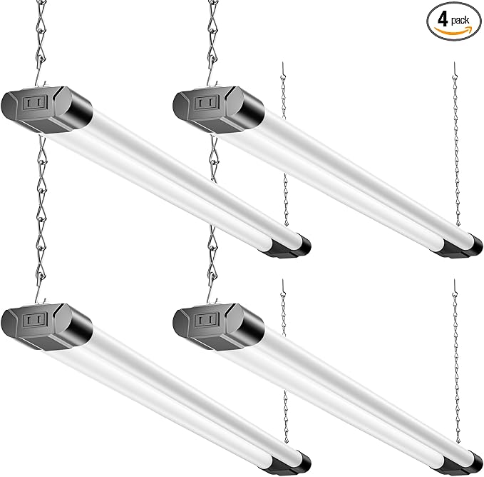 BBOUNDER 4Pack 3FT LED Shop Light, 65000K, 3300LM, Linkable for Garage | Super Bright Cool Daylight White, Ceiling + Hanging Mount Durable Integrated Utility Shop Lights for Workshop DIY User, Black