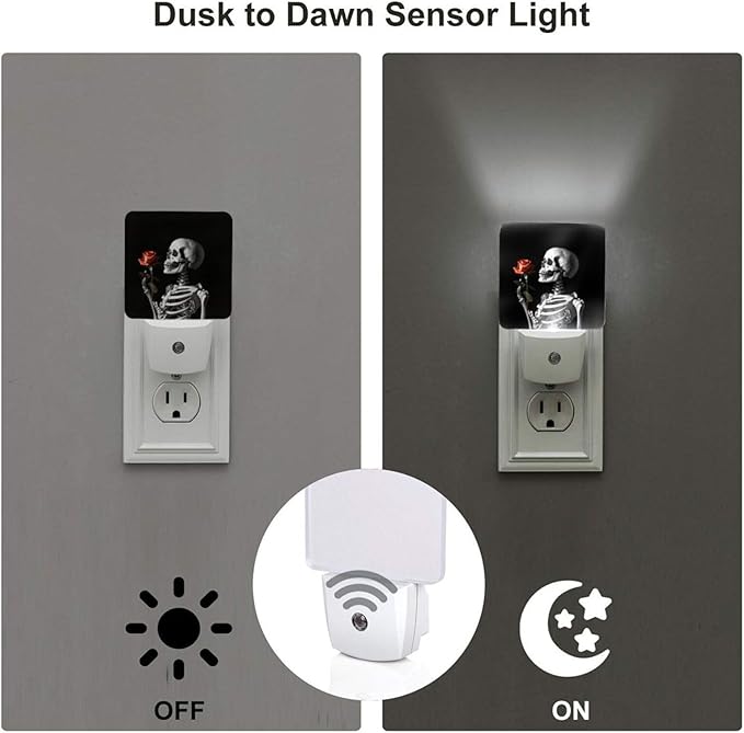 Skull Skeleton Red Rose Night Light Set of 2, Rock and Roll Auto Sensor LED Dusk-to-Dawn Nightlights, Plug-in Sensor Lamp for Bedroom Bathroom Kitchen Hallway Stairs Decorative
