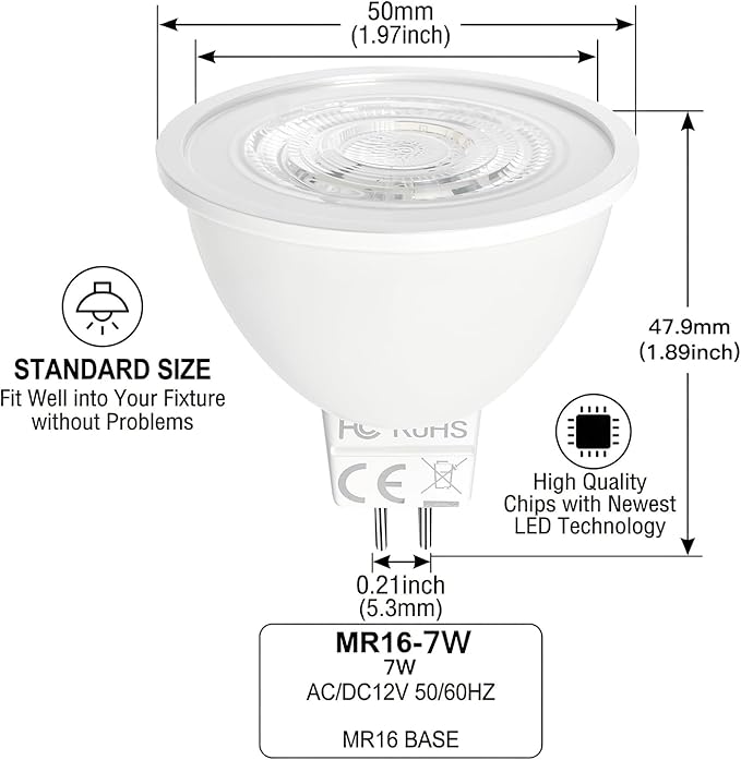 MR16 LED Bulbs 7W, 12V Low Voltage GU5.3 LED Spotlight Bulb, Non-dimmable, 650Lm, 38° Flood Beam Angle, for Landscape, Recessed, Track Lighting, Pack of 6 (4000K)