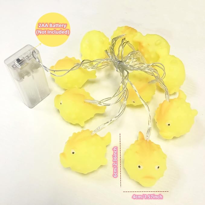Cute Puffer Fish Night Lights 5.4FT 10 LED Battery Operated Cartoon Animal Fairy String Lights for Bedroom Home Holiday Yellow Theme Party Decoration (Puffer Fish, 1.65m/10LED)
