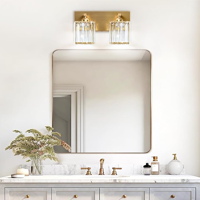 Gold Crystal Bathroom Vanity Light, 2-Light Modern Bathroom Lighting Fixtures Over Mirror,Chrome Wall Sconce Light Fixtures with Square Shade