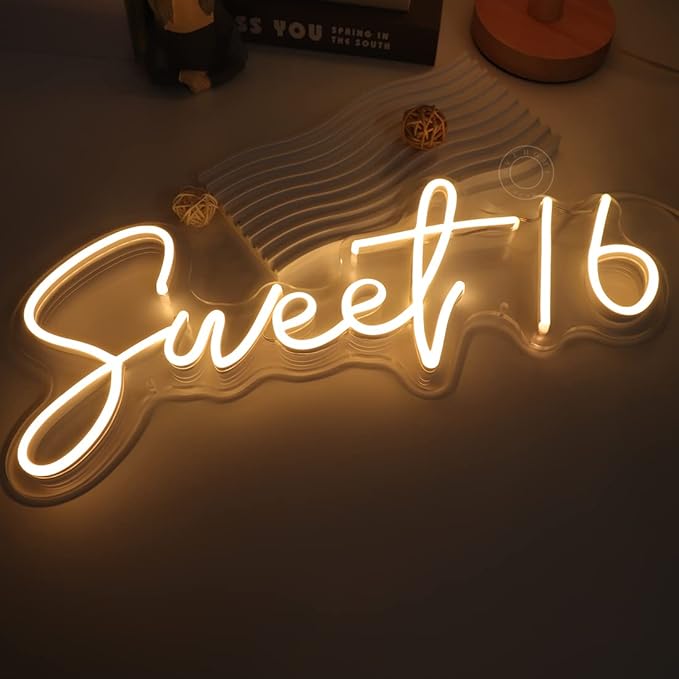 SYLHOME Sweet 16 LED Neon Light Sign 17"X7.3" 5V Sweet Girls Adults Bedroom Happy 16th Birthday Party Wall Decor Beautiful Bestie Sister Gift USB Warm White
