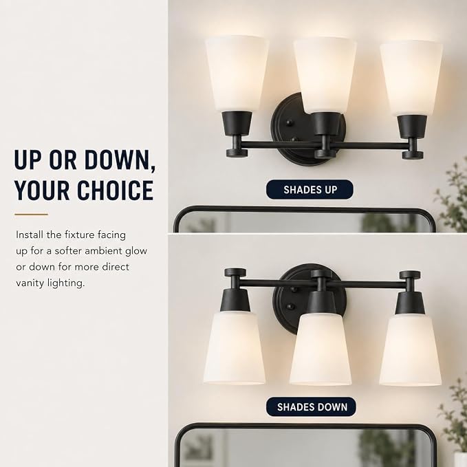 3 Light Bathroom Vanity Light, Modern Matte Black Stainless Steel Over Mirror Vanity Light Fixture with Frosted Glass, Wall Sconces Lighting for Bedroom Living Room