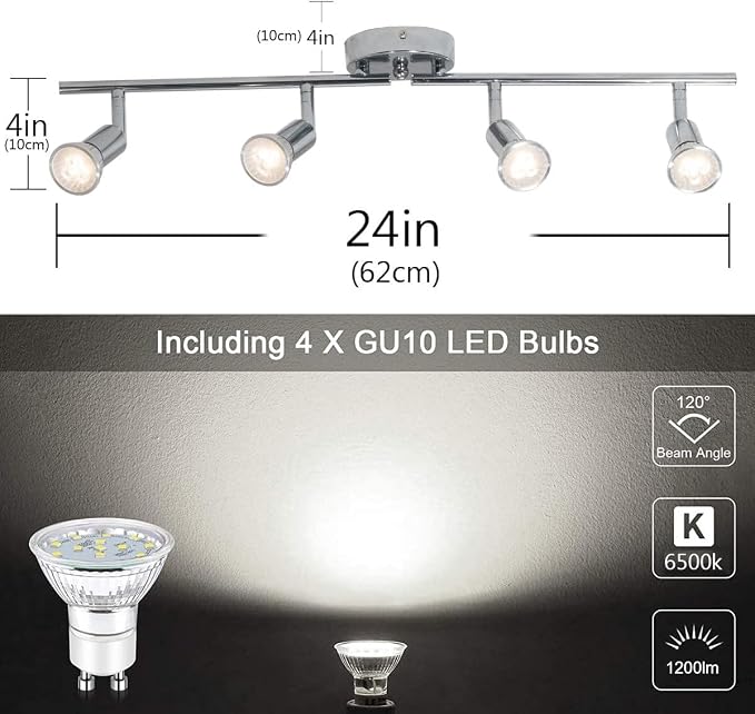 Qcyuui Modern 4-Light Track Lighting Kit, Flush Mount Wall/Ceiling Spot Lights Fixture, LED Track Lighting with Chrome Rotatable Light Head for Kitchen Living Room, 4×GU10 Bulb (Included)