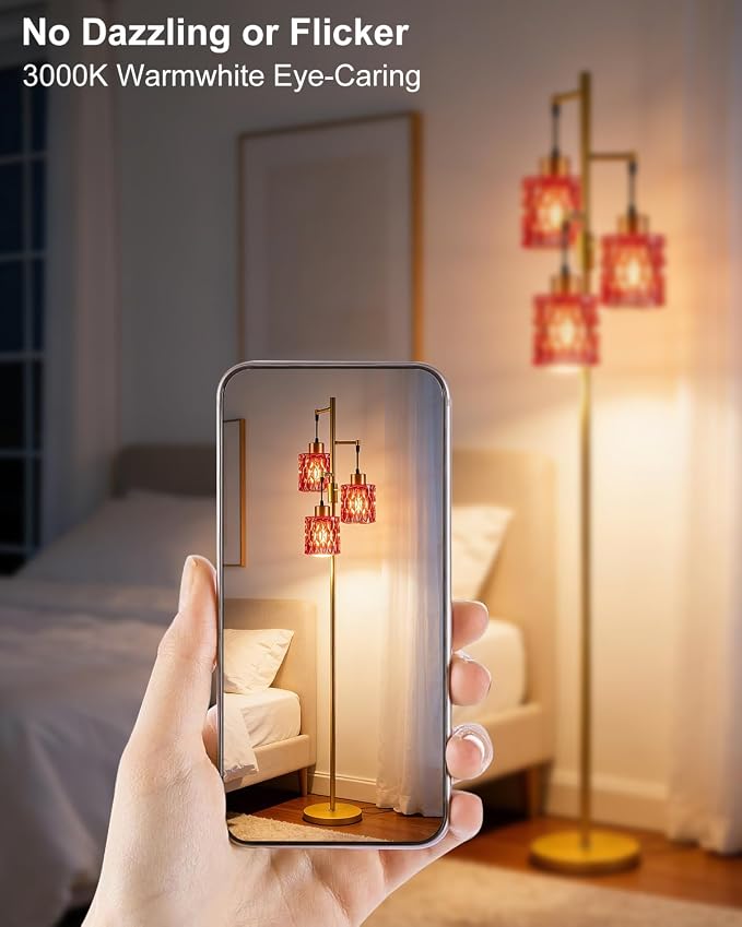 Lightdot 67" 3-Light Glass Floor Lamp for Living Room, Dimmable with Deep Red Glass Shade & E12 Bulbs Included, Mid Century Standing Tall Lamp with 5Lbs Heavy Base for Bedroom/Sofa Beside - Gold