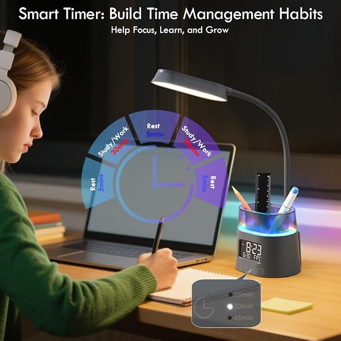 WILIT LED Desk Lamp for College Dorm Room Essentials, Students Study Lamp with USB Charging Port, Pen Holder, Clock & RGB Night Light, Office Desk Accessories, Table Lamp for Bedroom - Gray