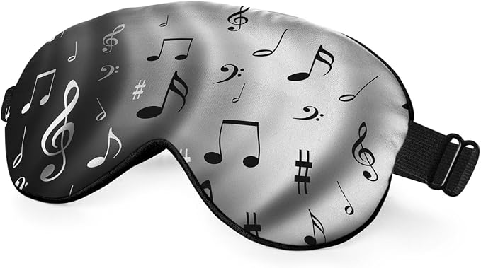 Music Notes Sleep Eye Mask Black White Gray Shadow Silk Eye Mask Sleeping Soft Eye Shade Cover for Men Women Boy Girl Airplane Travel with Elastic Strap