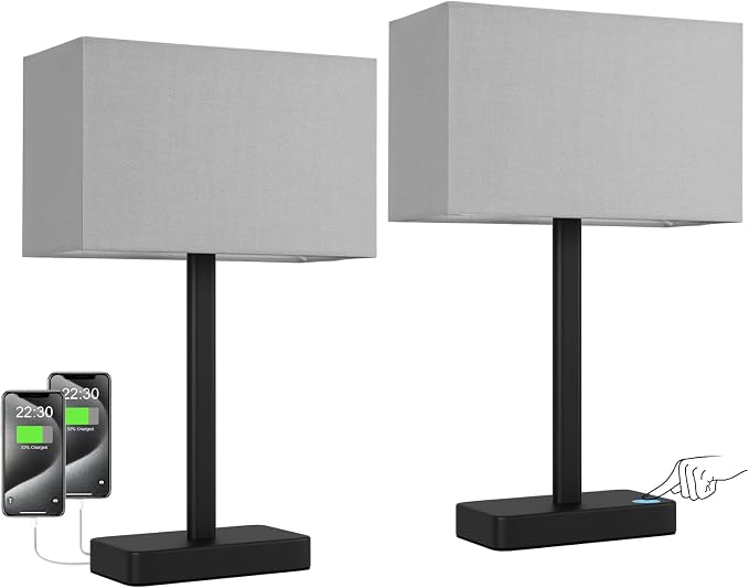 Touch Lamps for Bedroom, 3 Way Dimmable Grey Bedside Table Lamps Set of 2 | USB C+A Charging Port, Modern Table Lamp for Night Stands, Desk Lamp for Nightstand, Bed Side, Living Room, End Tables