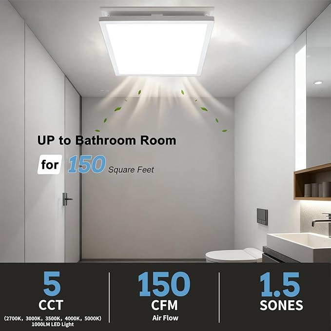 Tech Drive Modern Nickel Bathroom Exhaust Fan with Light - 150 CFM, 1000lm Dimmable 5CCT LED Light with Night Light Selectable, 6-Inch Duct Quiet 1.5sone, Decorative Nickel Trim, Easy to Install