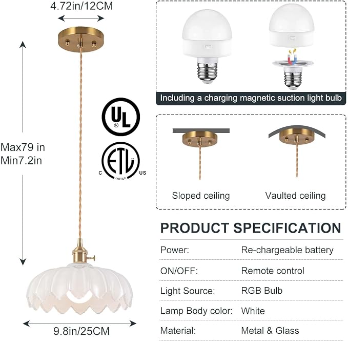 Battery Operated Pendant Light,White Vintage Light Fixtures RGB Rechargeable Light Bulb 2500mAh 9.8in with Remote Control Wireless Adjustable Chandelier for Kitchen Island Hallway 1 Light