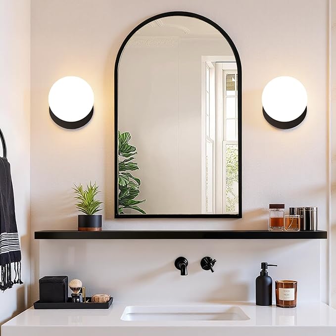 2 Pack Modern Matte Black Wall Light Fixtures, Mid-Century Globe Glass Wall Sconces Set of Two for Bathroom Mirror, Living Room, Hallway, Entryway (Bulbs Not Included)