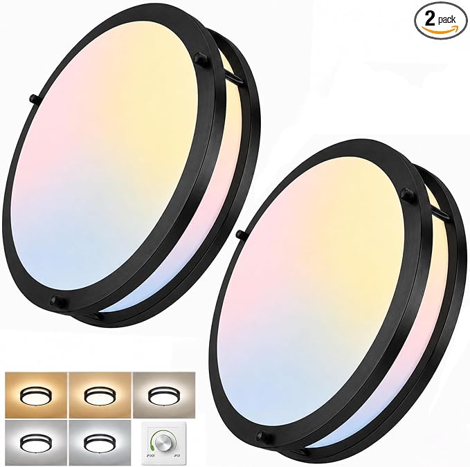 2-Pack 36W LED Ceiling Lights Black, 12inch Flush Mount Light Fixtures 3600LM 2700K/3000K/4000K/5000K/6500K Color Changing Ceiling Lights, Dimmable Modern Round Lamp for Bedroom Commercial Residential