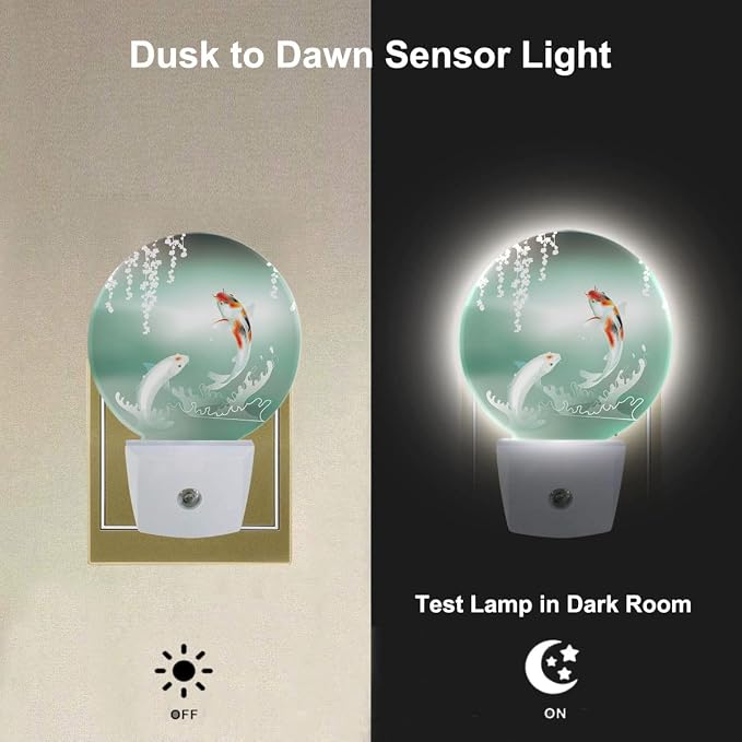 Pond Fish Night Light Two Fishes Jump Over Lake Flowers Branch Sage LED Dusk to Dawn Plug-in Nightlight Auto Sensor for Bedroom Bathroom Hallway Living Room