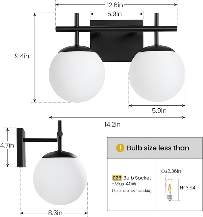Black Bathroom Light Fixture Over Mirror, 2-Lights Vanity Lights with Milky White Frosted Glass Shade Mid Century Farmhouse Light Fixtures for Bathroom Above Mirror (Exclude E26 Bulb)