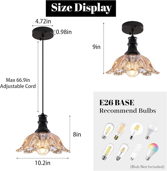 Amber Gold Pendant Light, Floral Pendant Light Fixture Over Kitchen Sink, Vintage Pendant Light for Kitchen Island, Dining Room, Living Room, Bedroom, Bathroom