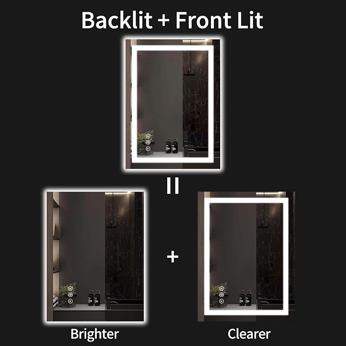 24"x32" LED Bathroom Mirror with Lights, Dimmable, Anti-Fog, Lighted Bathroom Vanity Mirror for Wall, Backlit + Front Lit, Memory Function, Shatter-Proof, Tempered Glass