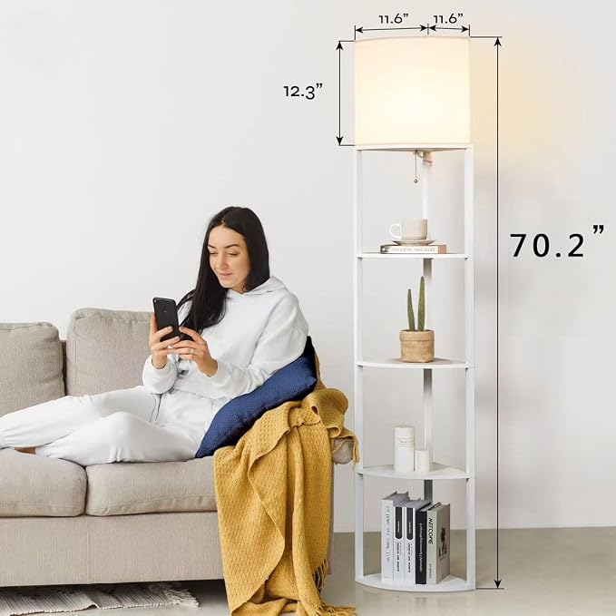 Corner Floor Lamp with Shelves, Tall Corner Lamp with Fabric Shade, Modern Torchiere Lamp for Living Room, Bedroom, Office, Corner Display Shelf with Light, Home Decor, White