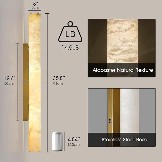 Brass Alabaster Wall Sconces, Spanish Natural Marble Wall Sconce, 36" Long Stone Wall Sconce Dimmable, Gold Alabaster Sconces Wall Lighting Indoor, Marble Wall Light for Bathroom, Living Room, 1PC