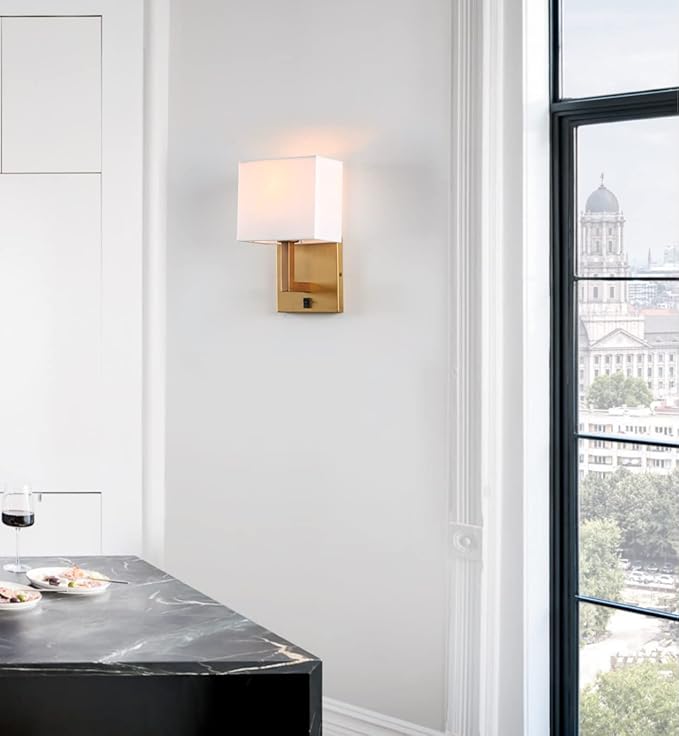 PERMO Single Wall Sconce Light Fixture Antique Finish with White Textile Shades and On/Off Switch Button Small Modern Nightstand Lamps for Bedrooms Bedside Reading