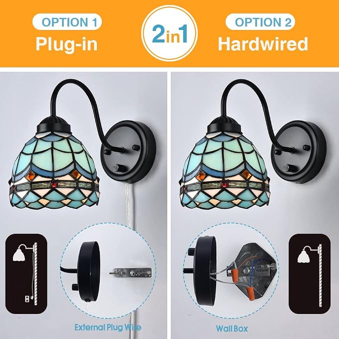 Bedside Wall Mount Lamp with Dimmable Switch, Industrial Vintage Gooseneck Wall Sconce with Plug in Cord, Wavy Blue Stained Glass Shade Wall Light Perfect for Bedroom, Living Room