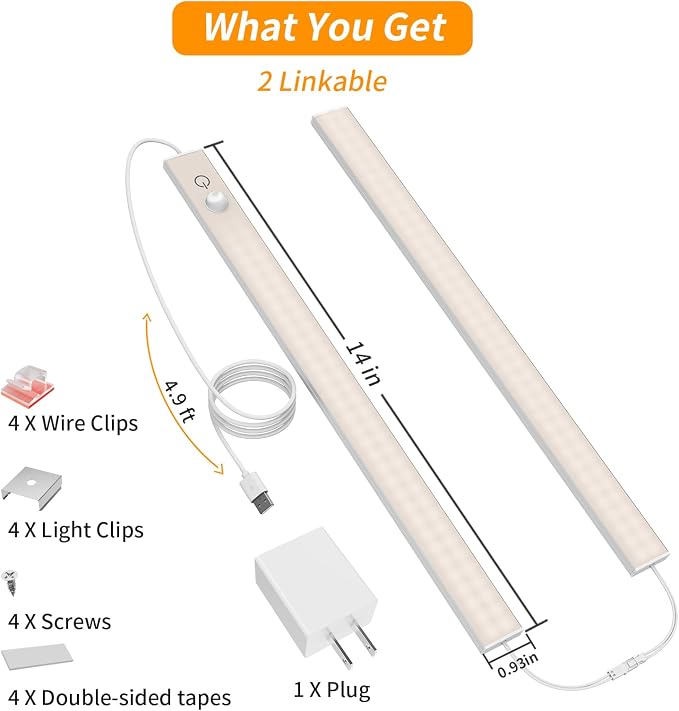 USB Plug-in Motion Sensor Light, Night/Day/ON Modes, Bright&Dimmable | 2-Row LED, 14" Under Cabinet Lighting Indoor for Kitchen, Cabinet, Closet - 4000K Neutral White, 2-Bar Linkable