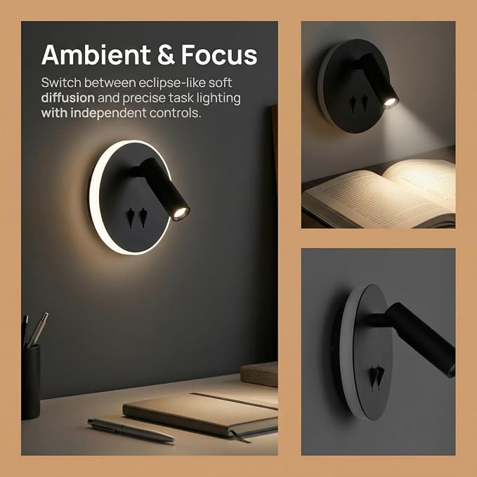 DEC LUCE DECOLUCE LIGHTING Modern Minimalist LED Wall Sconce,Hardwired 2-Light Reading Backlight,Dual Light Control (3W/240lm+6W/480lm), Swing Arm Wall Light Fixtures for Bedroom/Bedside(Black)