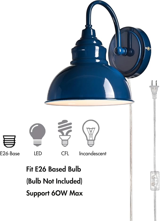 Mini Gooseneck Wall Sconce, 2-Way Mount with Switch, Blue | Flexible Gooseneck, Plug-in & Hardwired Dual Installation, On/Off Switch Included, Fits Bedroom, Porch, Patio, Hallway