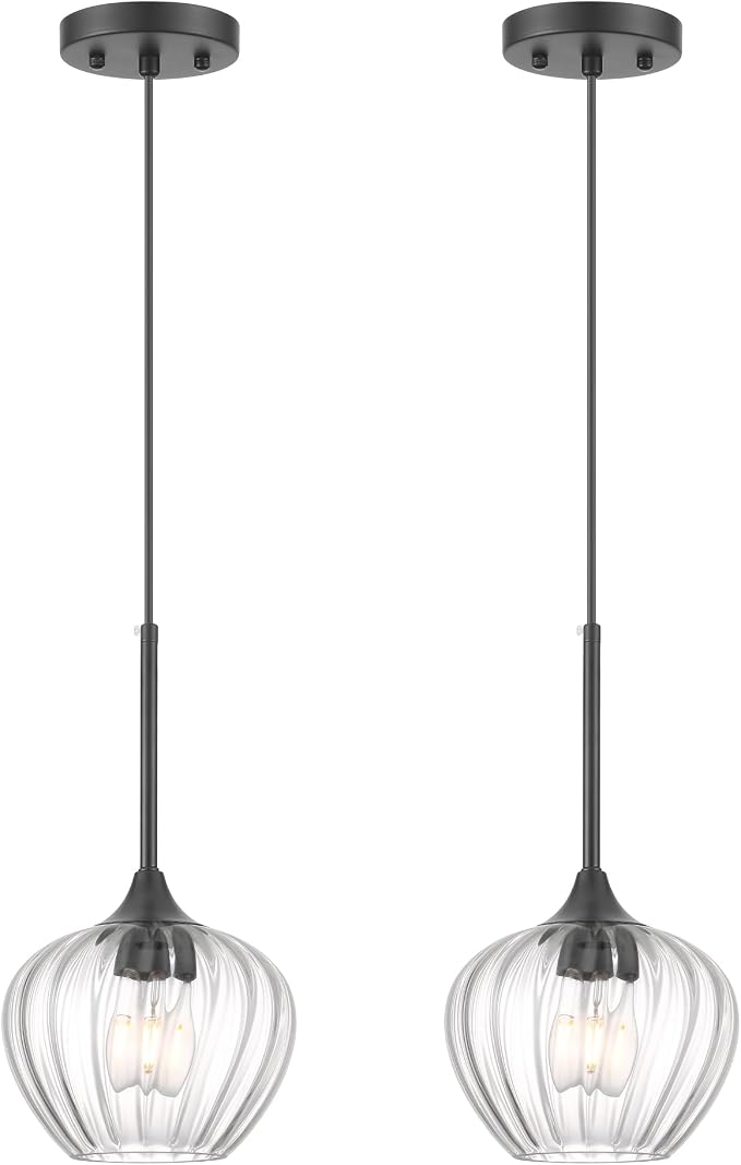 2-Pack Glass Pendant Lights Kitchen Island, 7.7" Modern Black Glass Pendant Lighting Farmhouse Hanging Light Fixtures for Kitchen, Dining Room, Bathroom, Bedroom