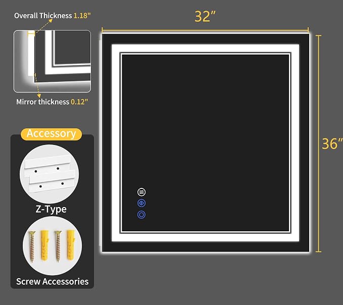 32"x36" LED Bathroom Mirror with Lights, Anti-Fog, Backlit + Front Lit, Dimmable, Lighted Bathroom Mirror, 3 Colors, Shatter-Proof Tempered Glass