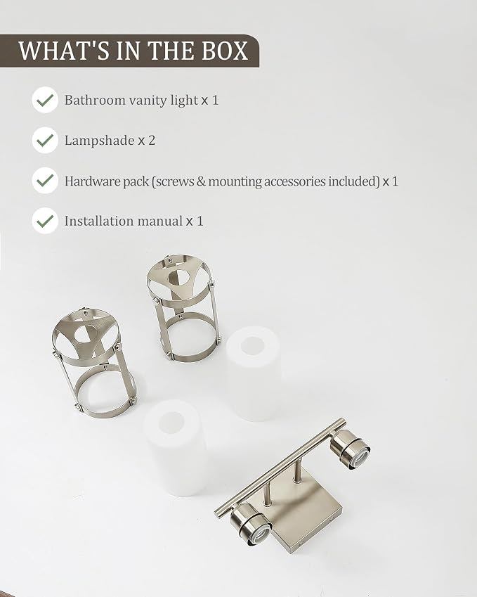 2-Light Brushed Nickel Bathroom Light Fixtures with Milk White Frosted Glass, 13.2" UL-Listed Modern Wall Sconce Over Mirror with Metal Cage for Bath, Hardwire E26, OS-3014BNW-2W