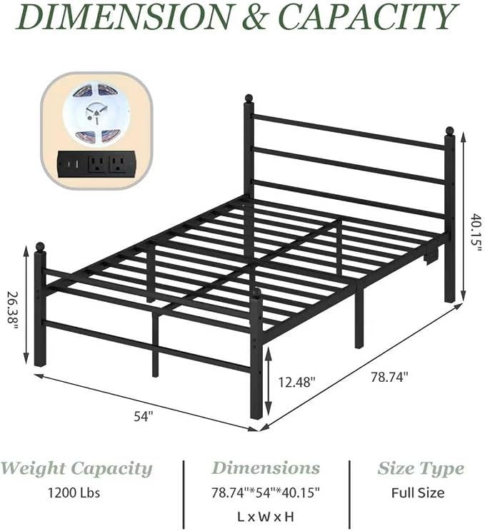 Jenmit Full Size Bed Frame with Charging Station & LED Lights, Metal Platform Bed Frame with Headboard and Footboard, Storage Space Under Bed, No Box Spring Needed, Noise Free, Easy Assembly, Black