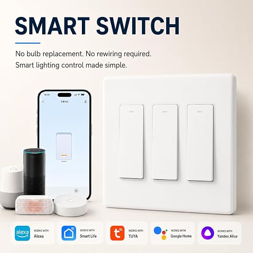 Smart Switch for Light 3 Gang, Neutral Wire Required, 2.4GHz Wi-Fi Switch Compatible with Alexa and Google Home, UL Certified