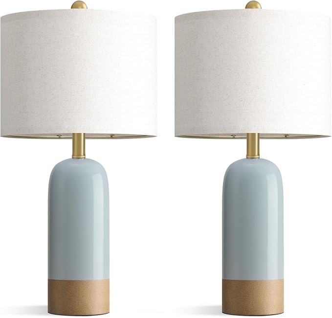 PoKat 24'' Farmhouse Blue Table Lamps Set of 2 for Living Room, Two-Tones | Ceramic Bedside Lamps for Bedroom, Hand-Textured Design, Kiln Variation Glaze, Coastal Lamps for Nightstand, Hallway,Entryway