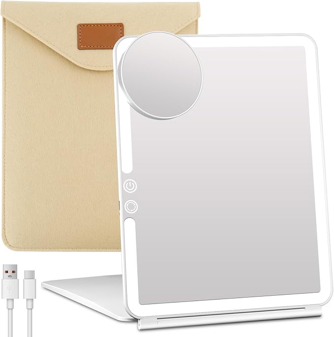 FUNTOUCH 2500mAh Large Rechargeable Travel Makeup Mirror with Light | Portable Makeup Mirror with 10X Magnifying Mirror 3 Lighting Modes, Dimmable Touch,Tabletop Travel Mirror with Storage Bag
